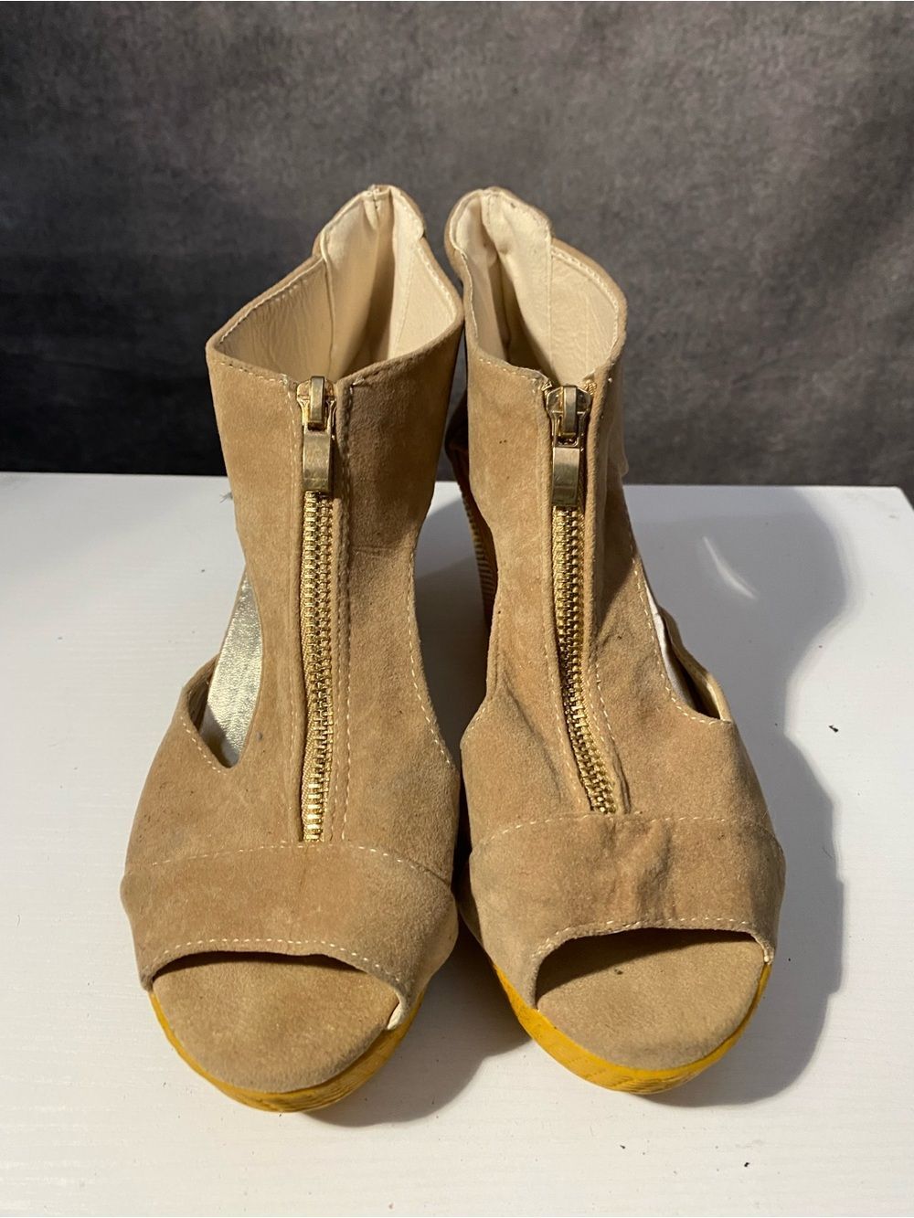 Aishangni Tan Suede Front Zip Peep Toe Platform Wedge Sandals Size 39